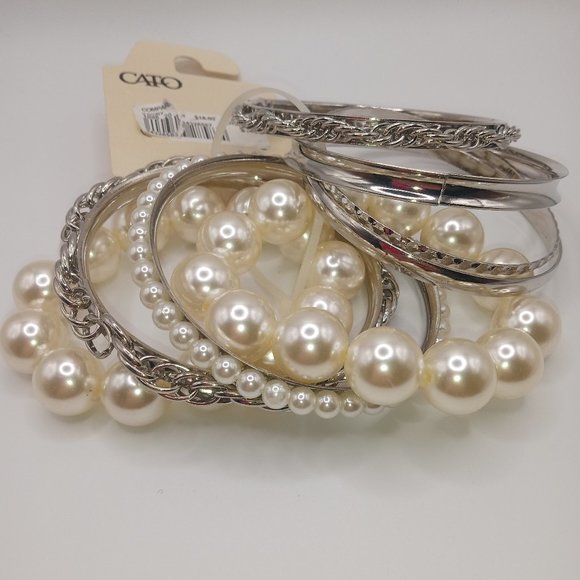 Cato Jewelry - Cato Silver Tone Bangle and Faux Pearl Stretch Bracelets Set Of 8 NWT